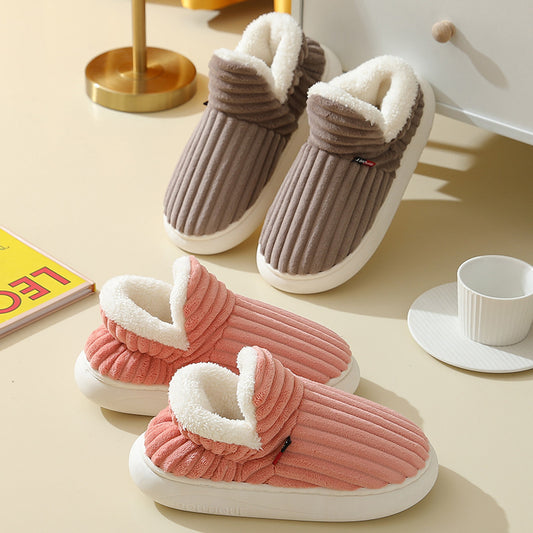 Winter Plush Home Shoes Fashion Solid Color Stripes Floor Bedroom Slippers Indoor Outdoor Garden Shoes For Women Men Couples